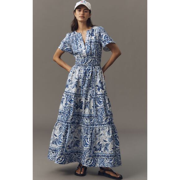 nwt by ANTHRPOLOGIE sz 1X Somerset Maxi Dress Blue White Floral Motif - Picture 1 of 4